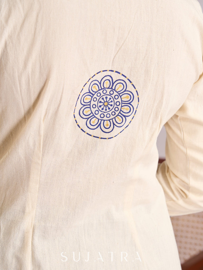 Whimsical Off-White Cotton Kurta with Printed Animals & Hand-Painted Neckline and Flare