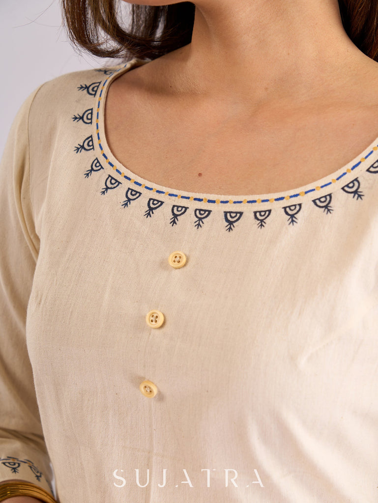 Whimsical Off-White Cotton Kurta with Printed Animals & Hand-Painted Neckline and Flare