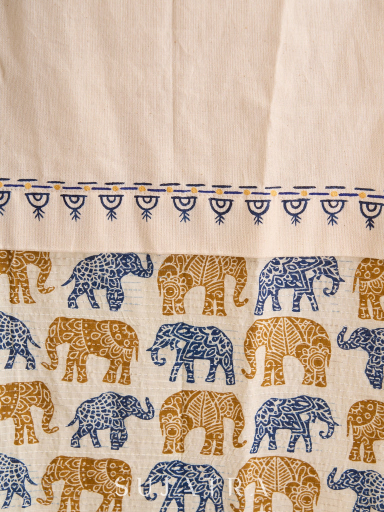 Whimsical Off-White Cotton Kurta with Printed Animals & Hand-Painted Neckline and Flare