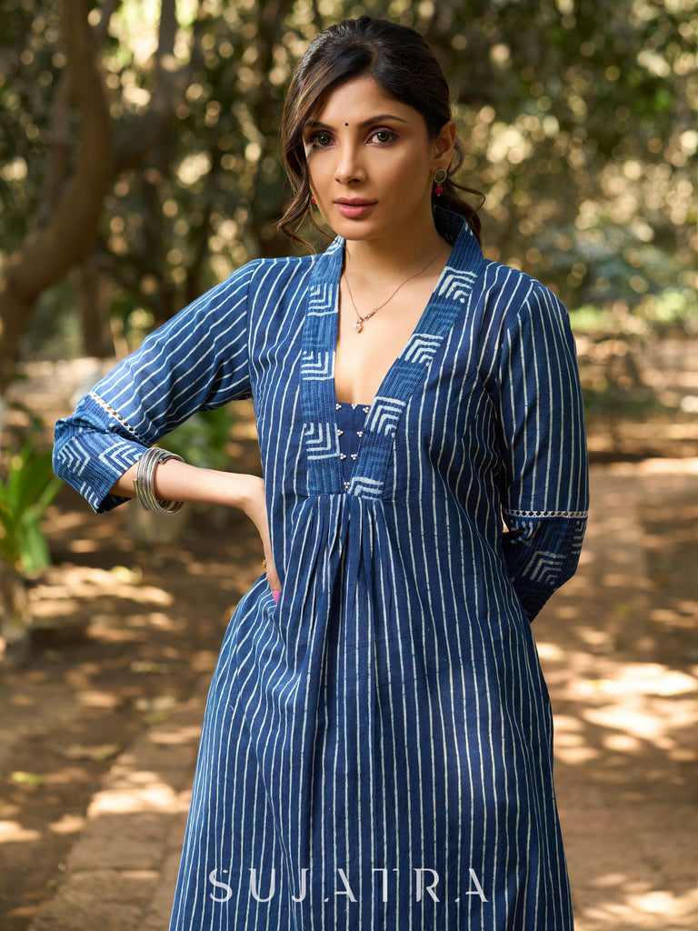 Indigo Stripe Handblock Cotton Kurta with Geometric Patchwork, V Neckline & Joint Lace Detailing