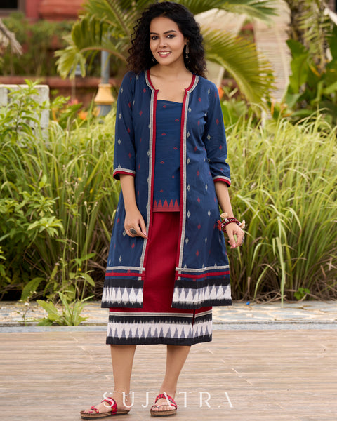 Ikat & Jamdani design Fusion Maroon Top & Skirt with Additional Ikat Accent Shrug