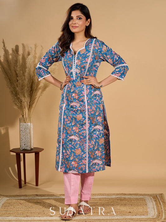 Blue Blossom Mul Cotton Printed Kurta with Delicate Lace Accents