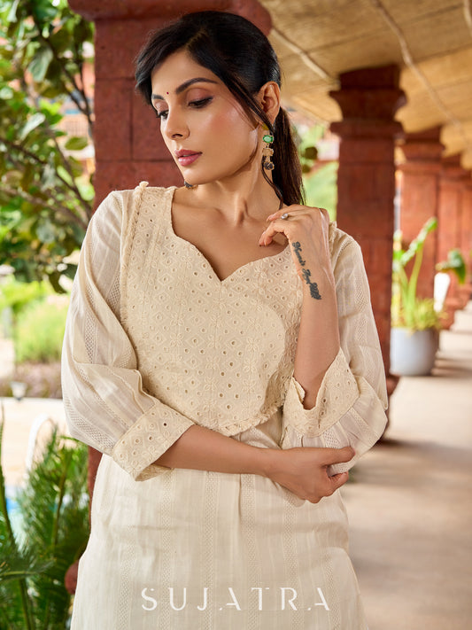 Beautiful handloom cotton kurta featuring Hakoba yoke and gathered sleeves detail -pant optional