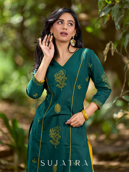 Elevated Bottle Green Cotton Kurta with Delicate Floral Hand Block Motif and Mustard Accents