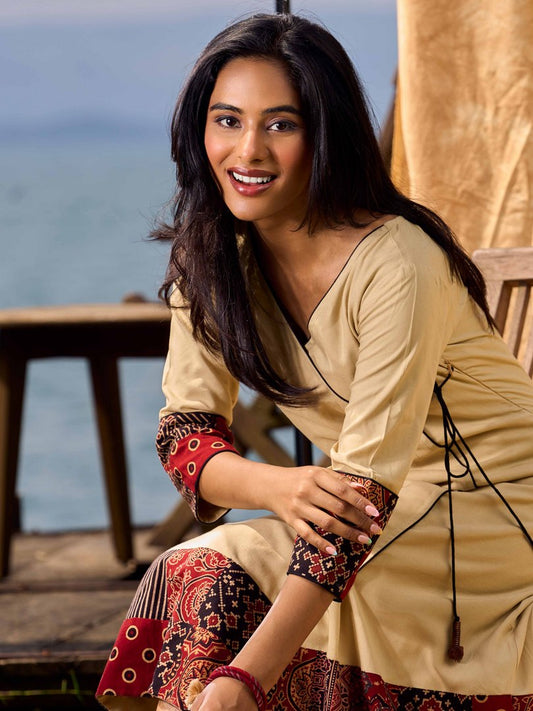 Sand Beige Tie-Up Wrap Rayon Dress With Ajrakh Patchwork Accents