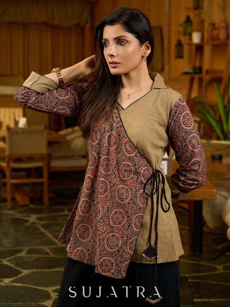 Ajrakh Heritage Wrap Cotton Top in Earthy Beige