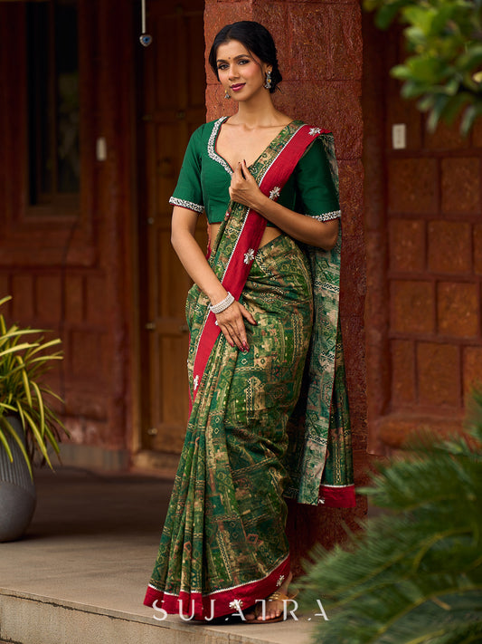 Sophisticated Dark Green Viscose Printed Saree with Diamond-Studded Border & Pallu