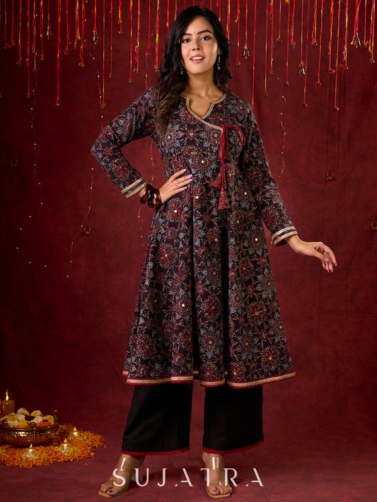 Timeless Black Ajrakh Flared Anarkali with Subtle Artisanal Hand Embroidered Touch