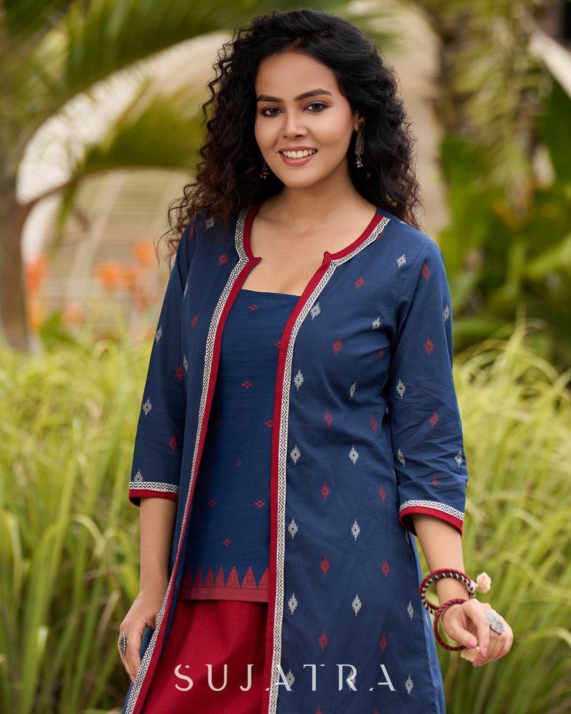 Ikat & Jamdani design Fusion Maroon Top & Skirt with Additional Ikat Accent Shrug