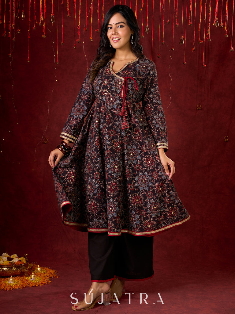 Timeless Black Ajrakh Flared Anarkali with Subtle Artisanal Hand Embroidered Touch