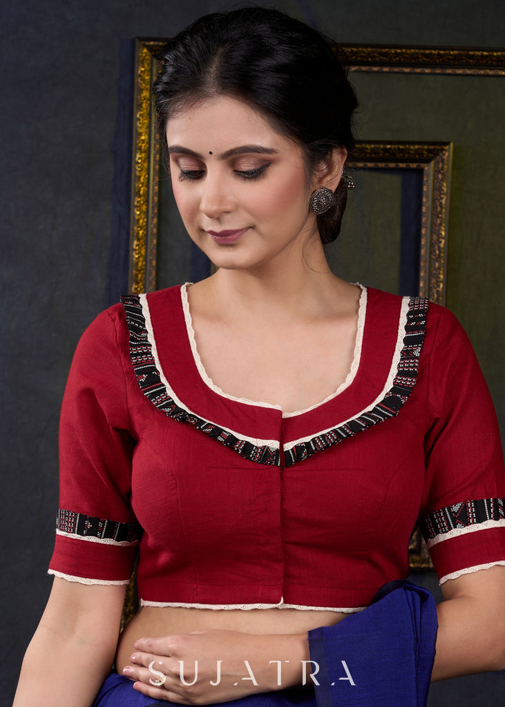 Maroon Cotton Frilled Neck Blouse