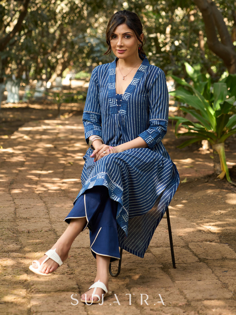 Indigo Stripe Handblock Cotton Kurta with Geometric Patchwork, V Neckline & Joint Lace Detailing
