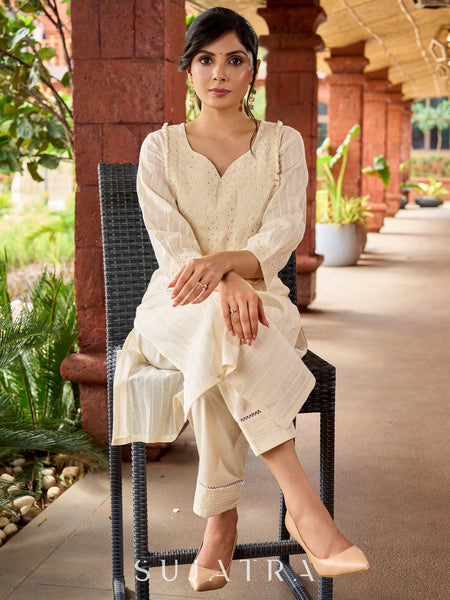 Beautiful handloom cotton kurta featuring Hakoba yoke and gathered sleeves detail -pant optional