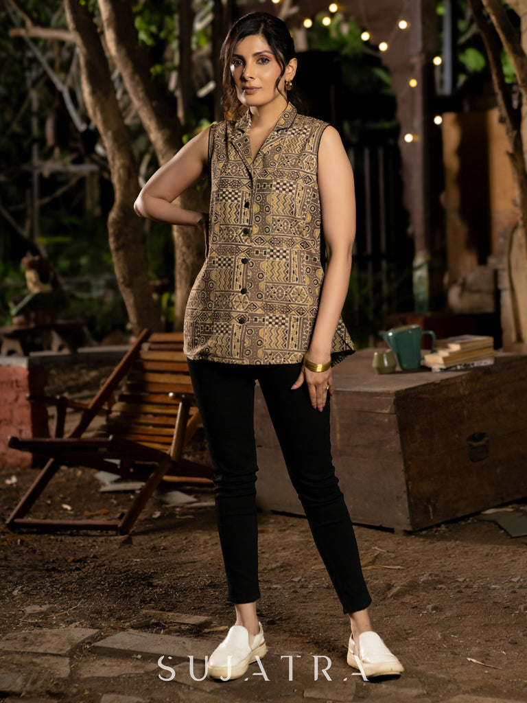 Minimal Sleeveless Kalamkari Shirt in Brown