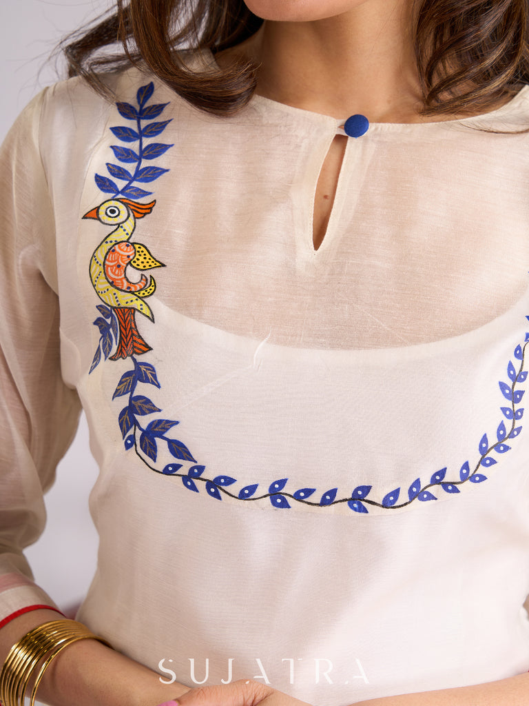 Elegant White Cotton Silk Kurta with Artisanal Hand-Painted Yoke