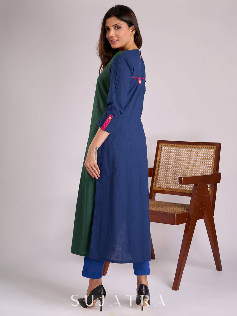 Striking Navy Blue & Green Dual-Tone Kurta with Contrasting Pink Collar