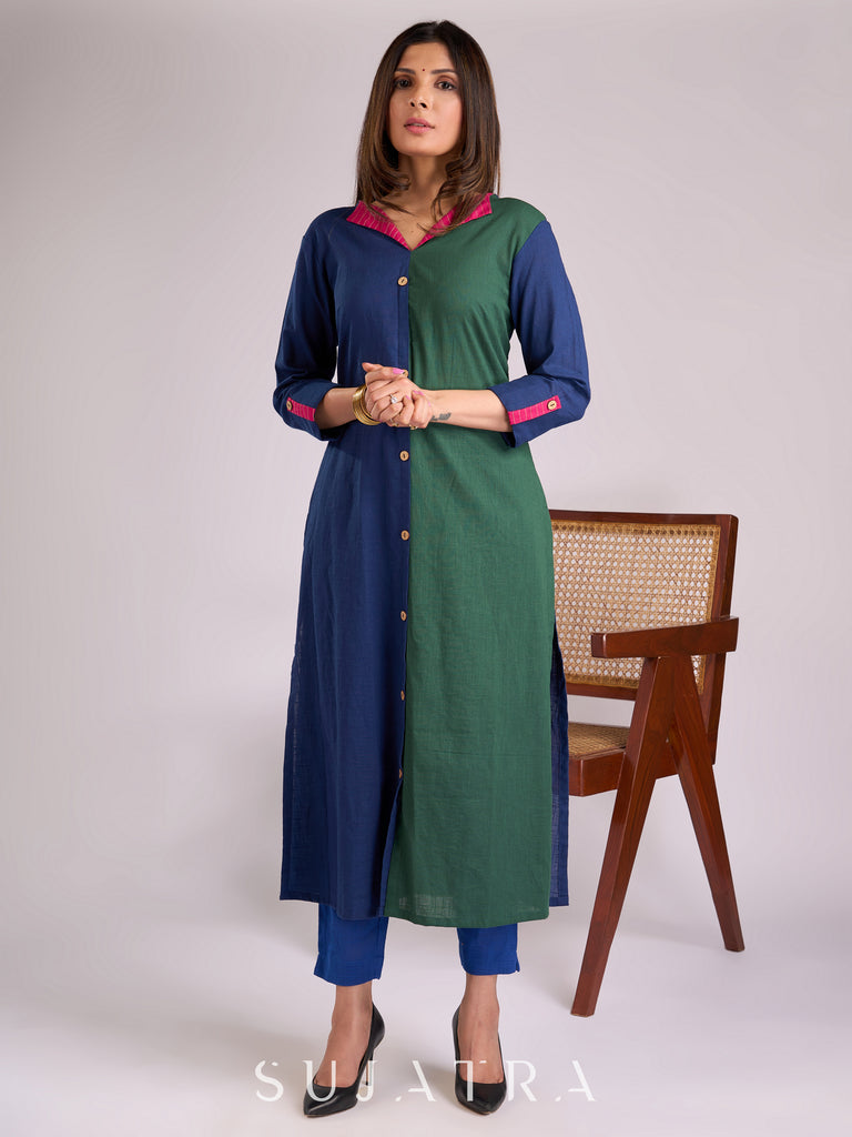 Striking Navy Blue & Green Dual-Tone Kurta with Contrasting Pink Collar