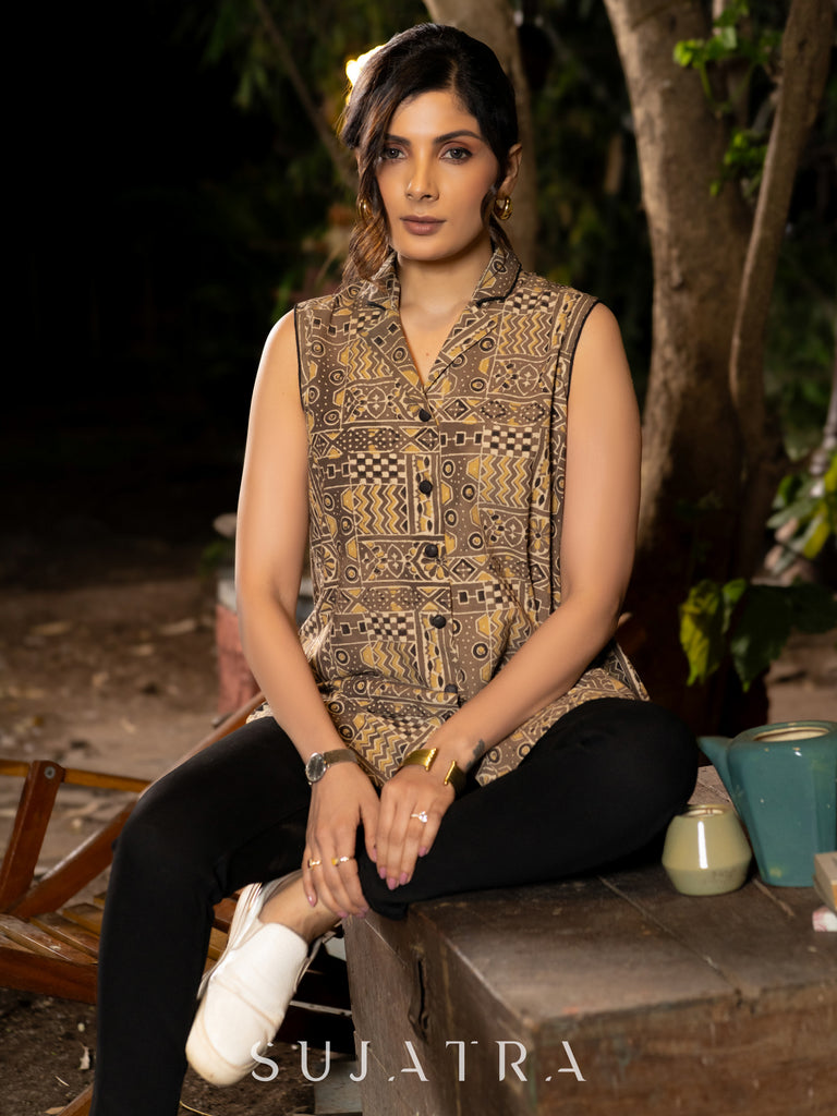 Minimal Sleeveless Kalamkari Shirt in Brown