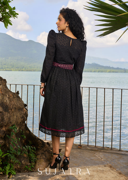 Graceful black Hakoba one piece dress highlighted with embroidered belt and embroidered lace