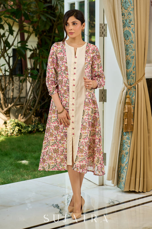 Structured Off-White Cotton Flex Sleeveless Dress with Delicate Contrast Floral Button Detailing - Jacket Optional