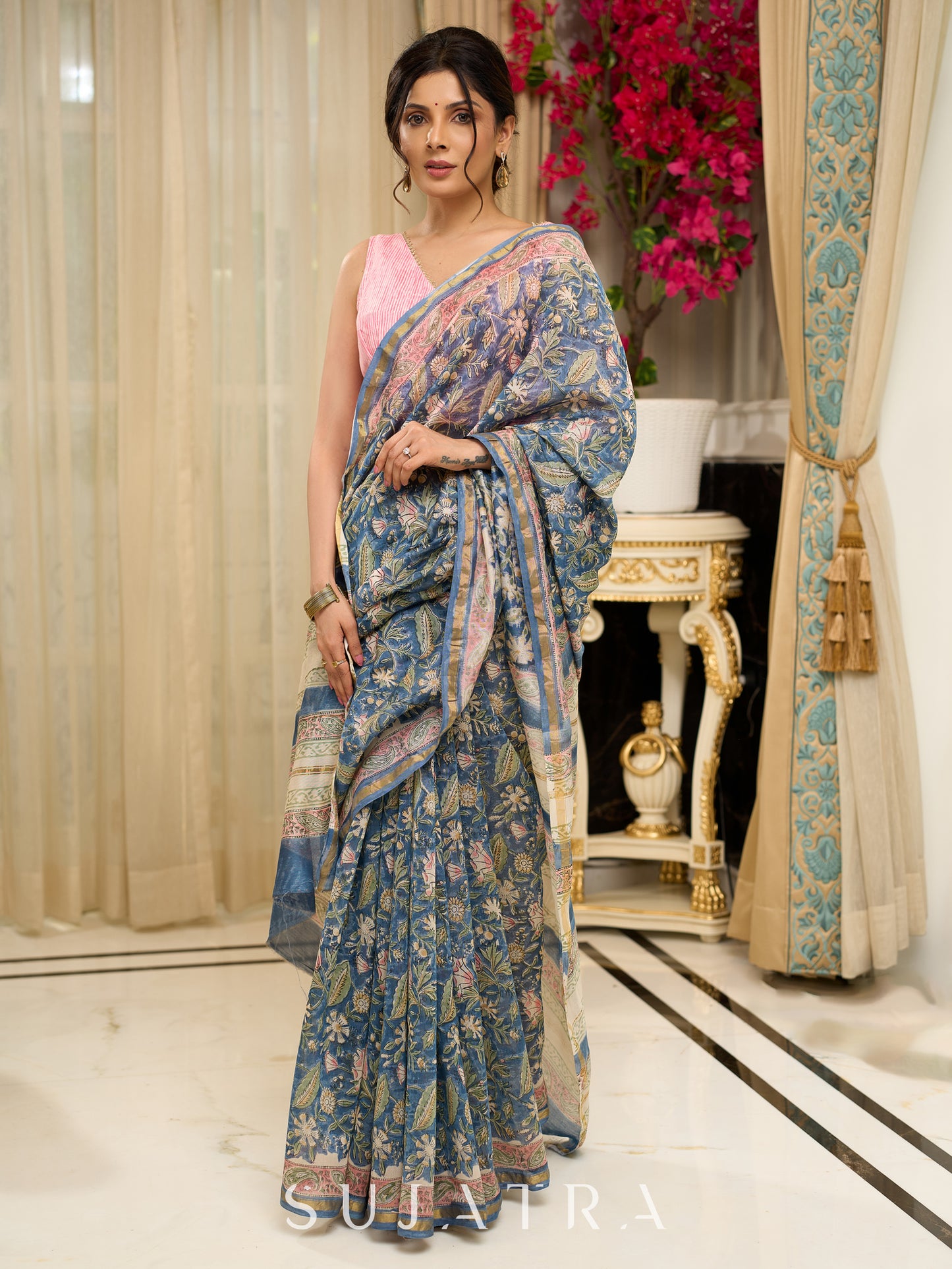 Dreamy Hand block-printed Chanderi saree bursting with floral opulence and vintage charm