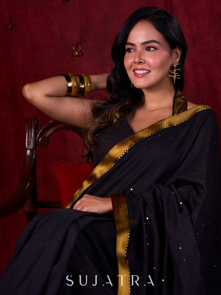 Black Luxe Saree Featuring All-Over Sequins and Ornate Zari Border