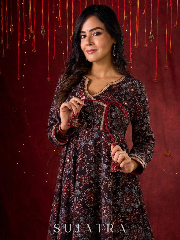 Timeless Black Ajrakh Flared Anarkali with Subtle Artisanal Hand Embroidered Touch