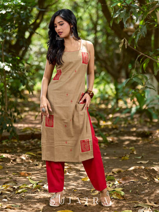 Minimal Beige Cotton Sleeveless Kurta with Artistic Red Hand Block Print