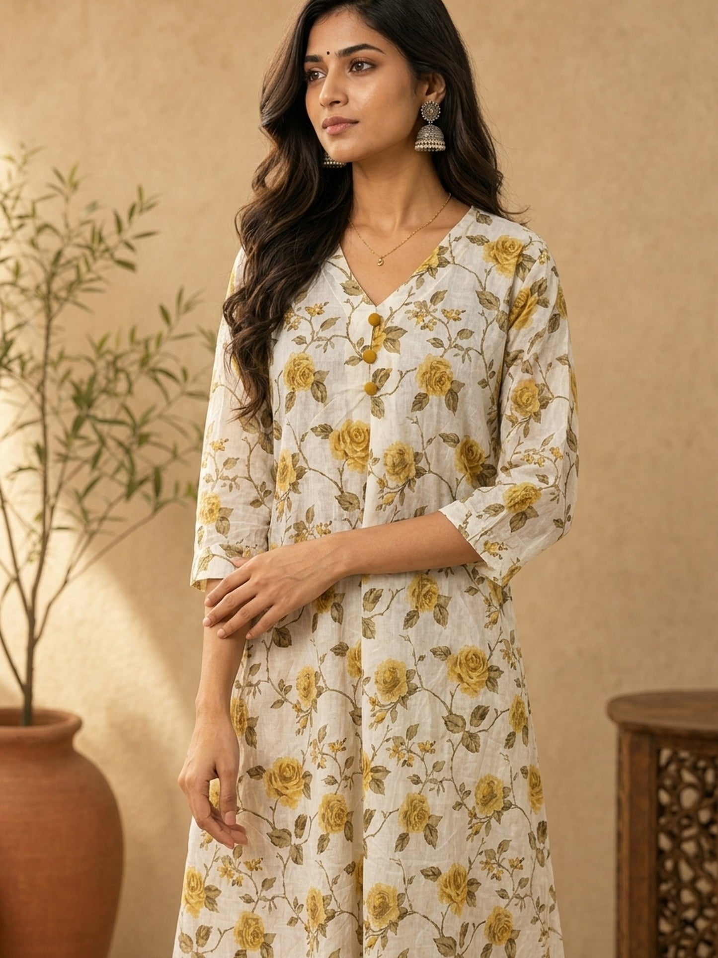 Chic White Floral Printed Cotton Kurta with Straight Silhouette