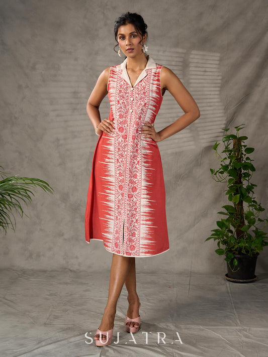Brick Orange shirt dress with timeless traditional prints, off white notch collar and off white accents