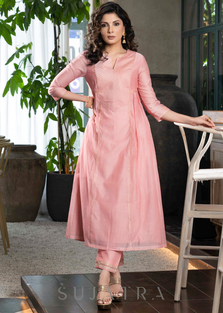 Light pink chanderi Pant & flared kurta with gold detailing - Dupatta Optional