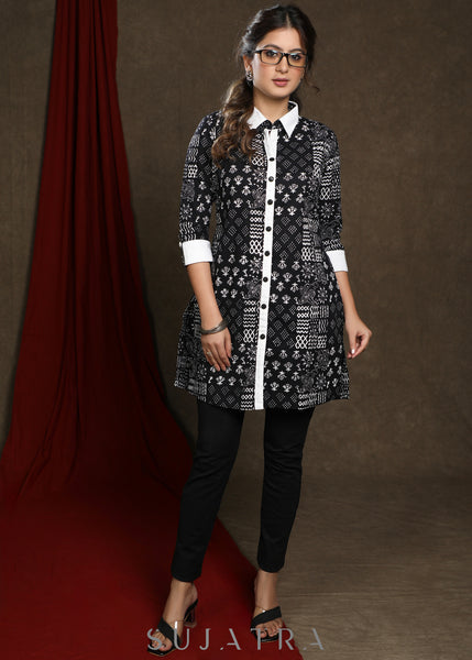 Trendy cotton black printed shirt styled tunic