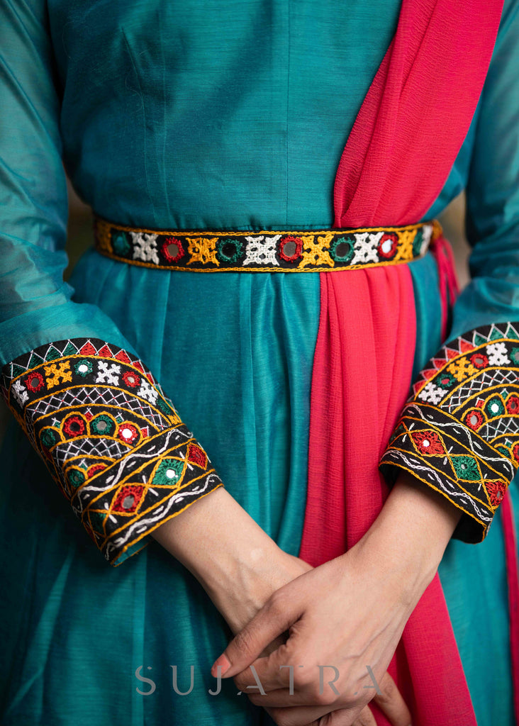 Beautiful Turquoise Chanderi Anarkali Kurta With Mirror Borders & Pant - Dupatta Optional