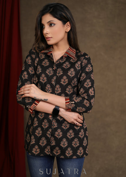 Black Ajrakh Printed Top with Smart Collar