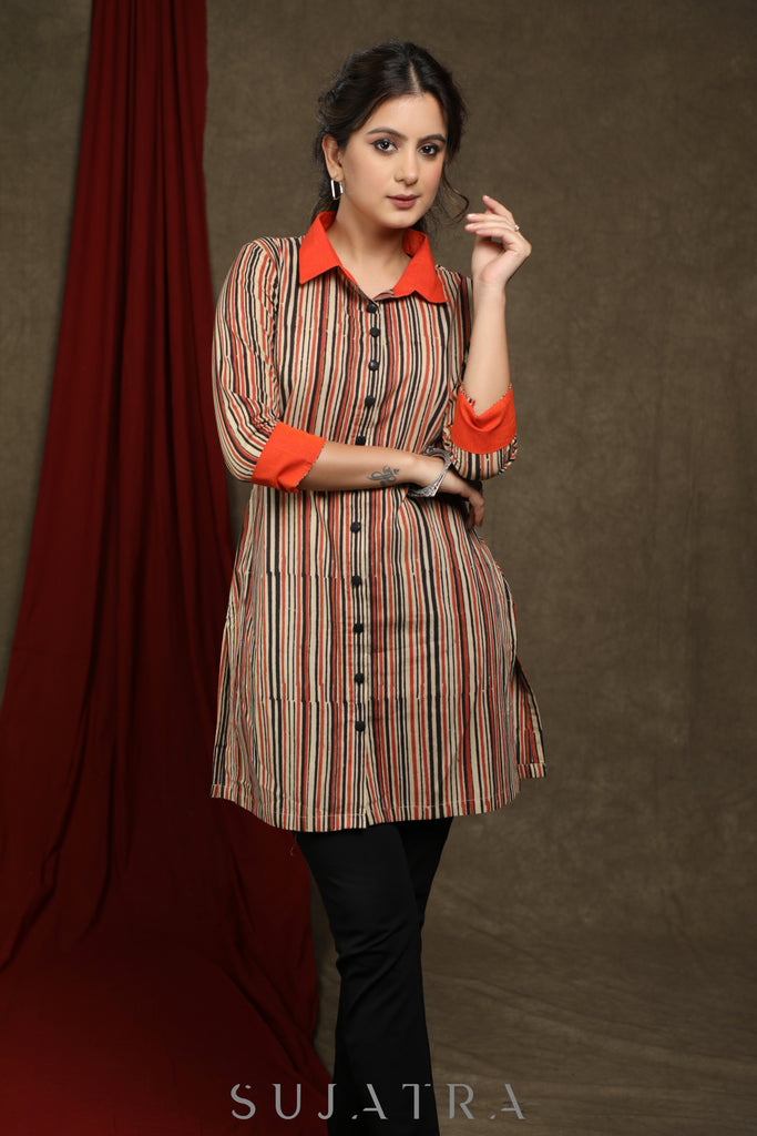 Smart Striped cotton shirt tunic - Ajrakh floral jacket Optional