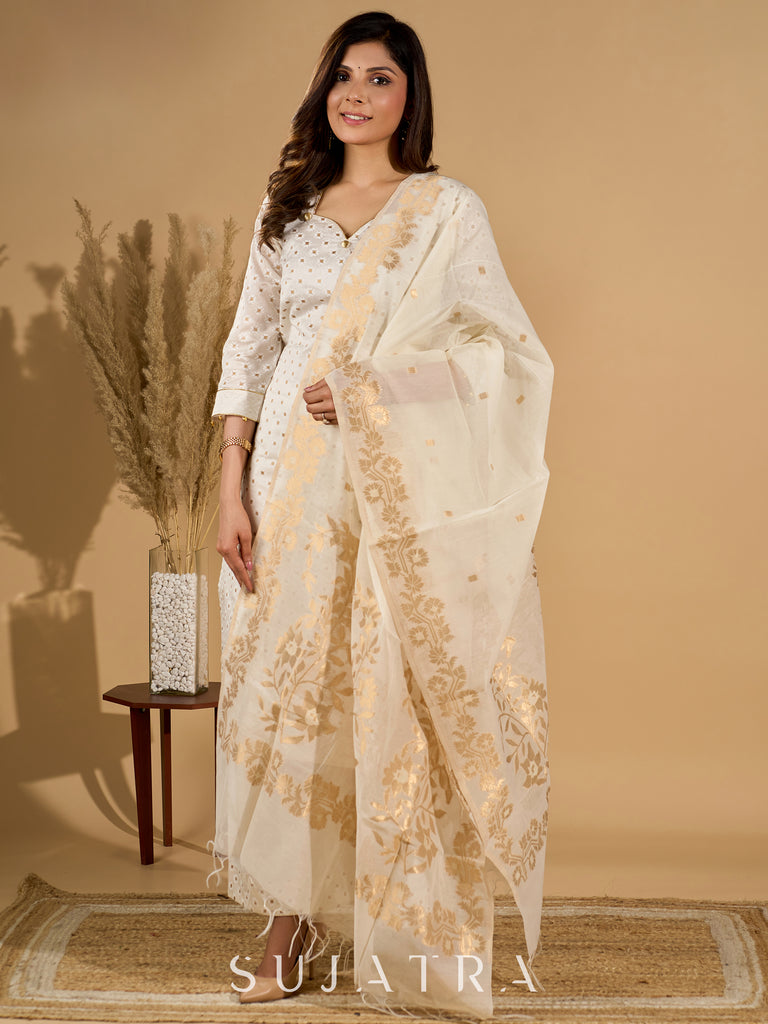 Ethereal Ivory Kurta Set with Silk Jacquard Dupatta with Golden Zari