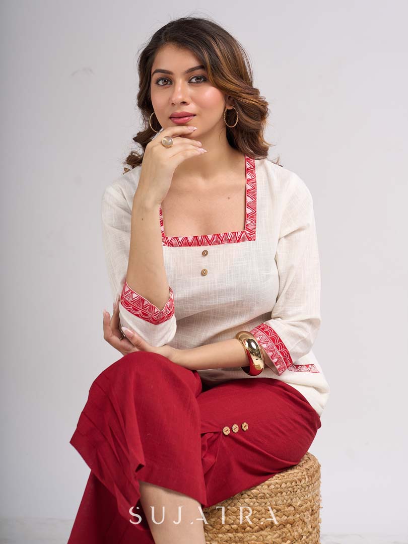 Ivory Cotton Straight Top with Madhubani Hand Painted Sleeves and Pockets