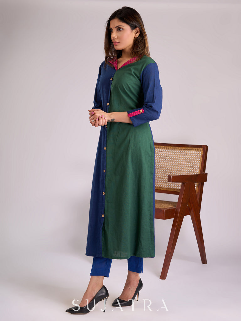 Striking Navy Blue & Green Dual-Tone Kurta with Contrasting Pink Collar