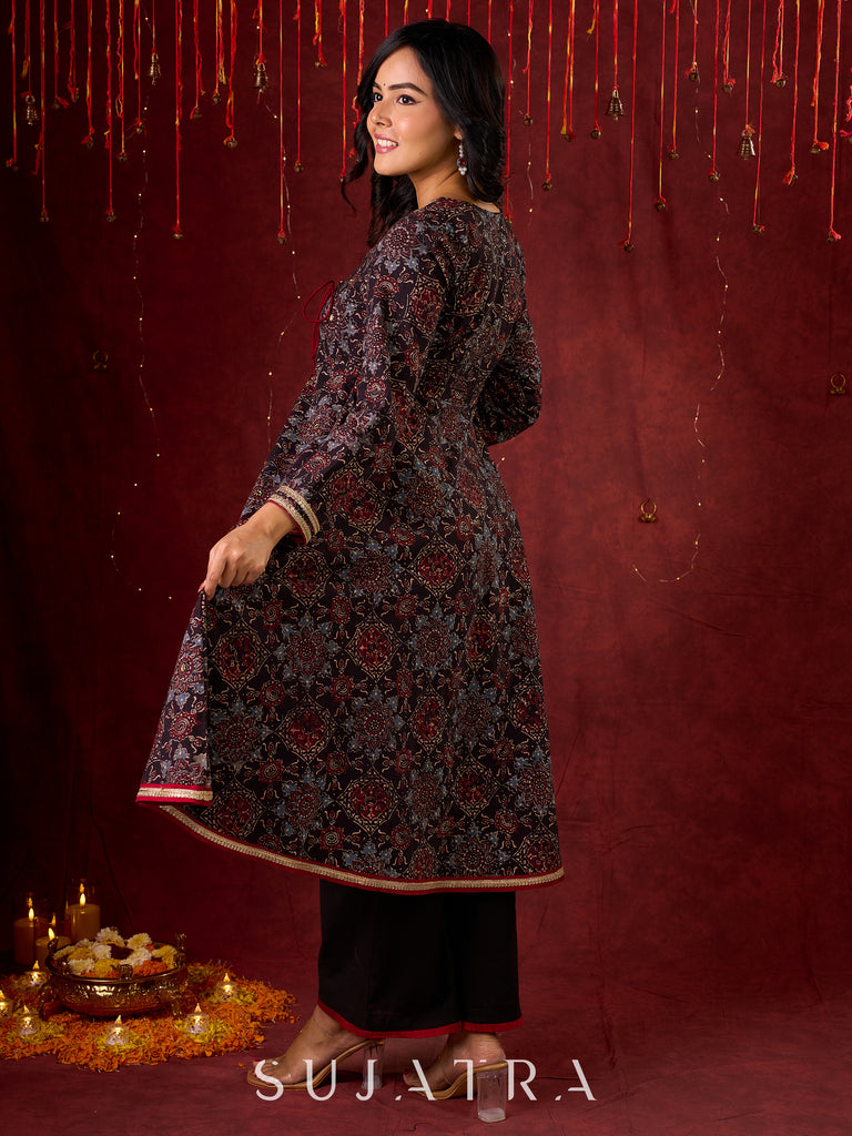 Timeless Black Ajrakh Flared Anarkali with Subtle Artisanal Hand Embroidered Touch