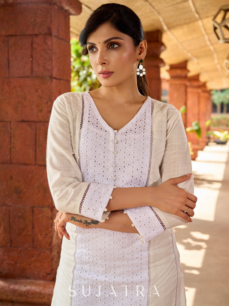 Stylish white cotton Hakoba combination kurta featuring intricate surface texture - pant optional