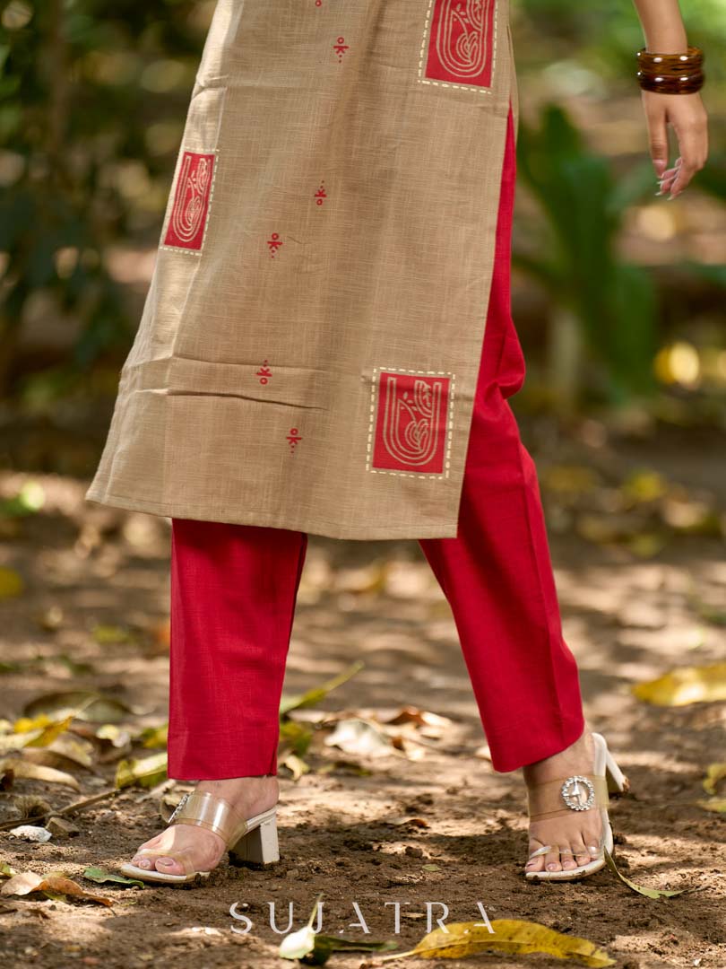 Striking Red Cotton Narrow Pants with Tailored Edge