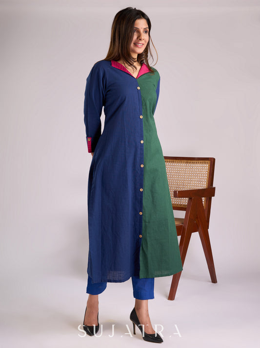 Striking Navy Blue & Green Dual-Tone Kurta with Contrasting Pink Collar