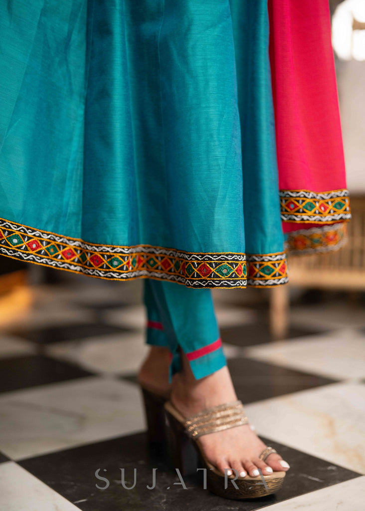 Beautiful Turquoise Chanderi Anarkali Kurta With Mirror Borders & Pant - Dupatta Optional