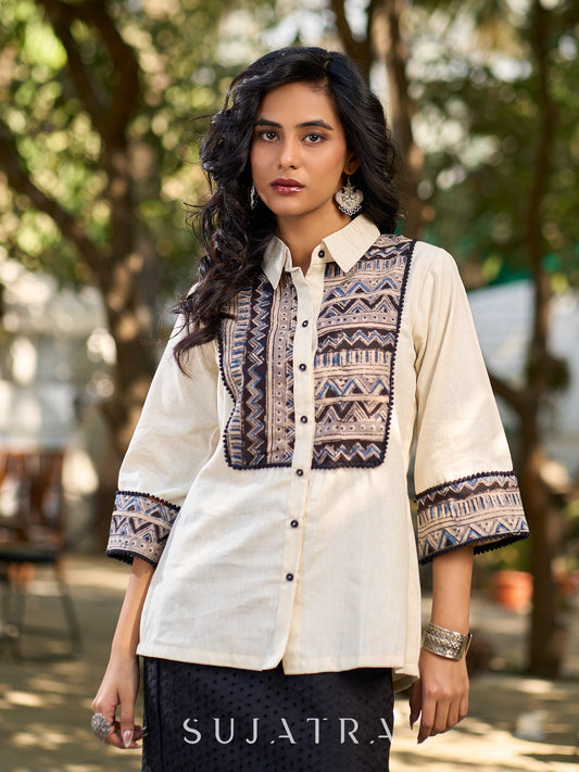 Ivory Heritage Cotton Flex Shirt with Traditional Geometric Kalamkari Prints