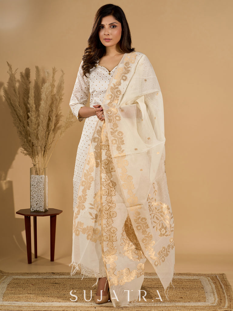 Ethereal Ivory Kurta Set with Silk Jacquard Dupatta with Golden Zari