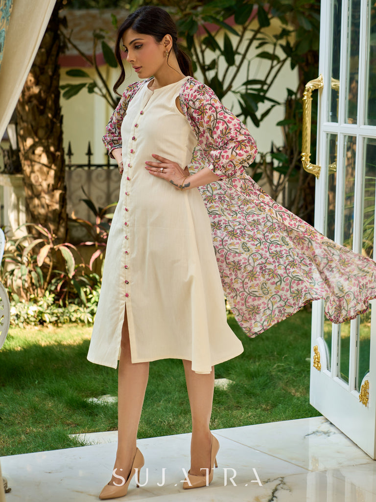 Structured Off-White Cotton Flex Sleeveless Dress with Delicate Contrast Floral Button Detailing - Jacket Optional