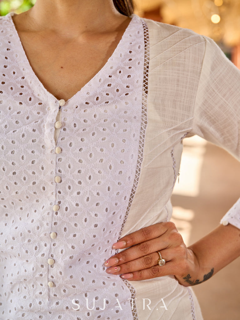 Stylish white cotton Hakoba combination kurta featuring intricate surface texture - pant optional