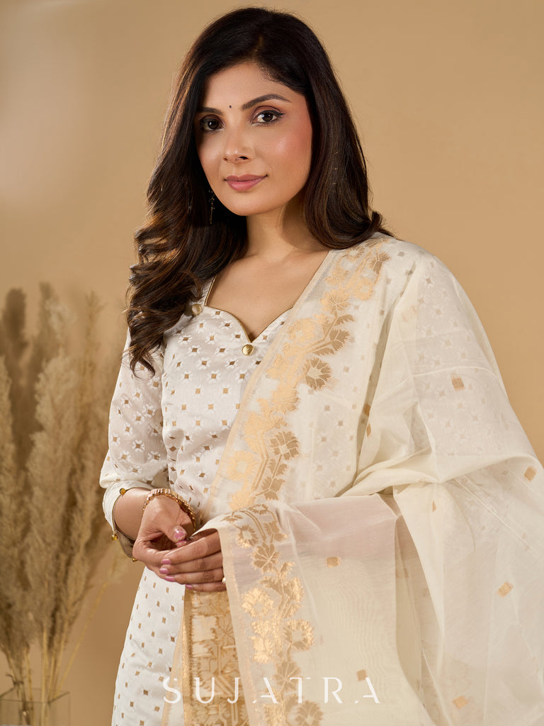 Ethereal Ivory Kurta Set with Silk Jacquard Dupatta with Golden Zari