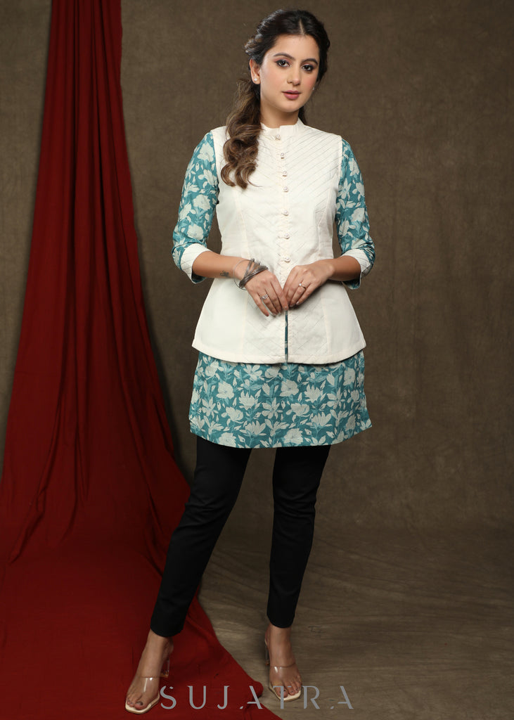 Elegant printed cotton tunic - Off-white Nehru jacket Optional