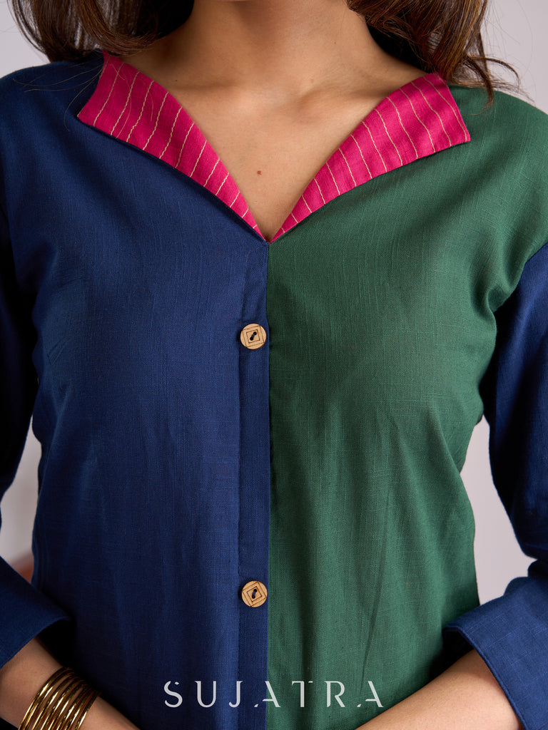 Striking Navy Blue & Green Dual-Tone Kurta with Contrasting Pink Collar
